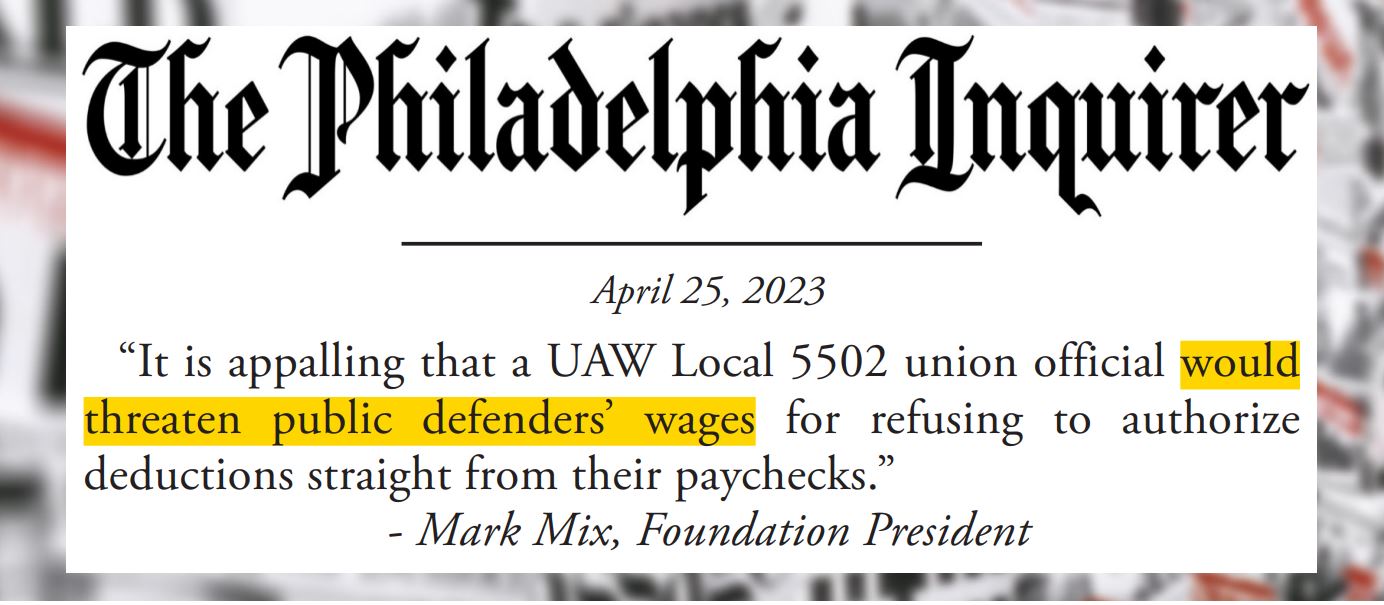 Philly Public Defender Brunilda Vargas surely didn’t feel “represented” by UAW bosses when they sought to reduce her and her colleagues’ pay just for not signing dues cards. Mark Mix expressed the outrageousness of this scheme to The Philadelphia Inquirer.